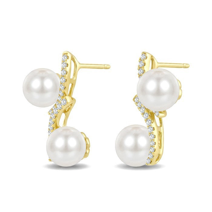 6.5 MM and 7 MM White Cultured Pearl and 1/5 Ctw Round Cut Diamond 2 Stone Fashion Earrings in 10K Yellow Gold