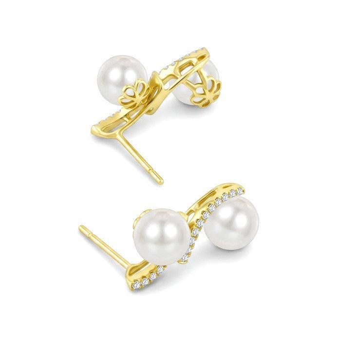 6.5 MM and 7 MM White Cultured Pearl and 1/5 Ctw Round Cut Diamond 2 Stone Fashion Earrings in 10K Yellow Gold