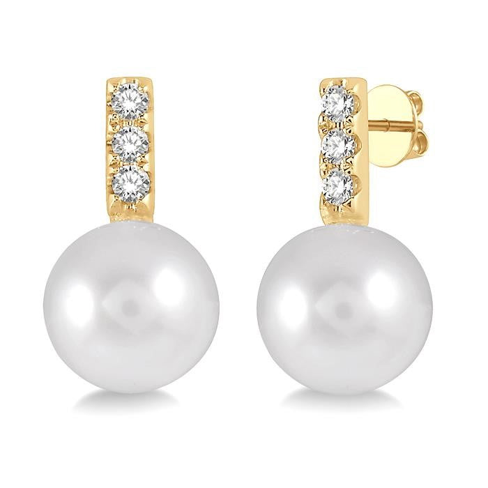 7 MM Cultured Pearls and 1/10 Ctw Round Cut Diamond Earrings in 10K Yellow Gold