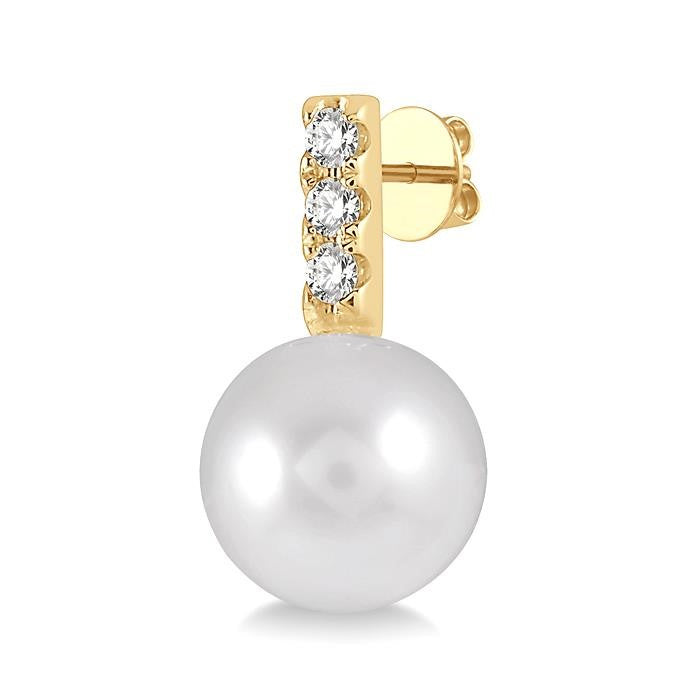 7 MM Cultured Pearls and 1/10 Ctw Round Cut Diamond Earrings in 10K Yellow Gold