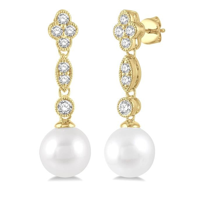 7 MM Cultured Pearls and 1/3 Ctw Round Cut Diamond Drop Earrings in 14K Yellow Gold