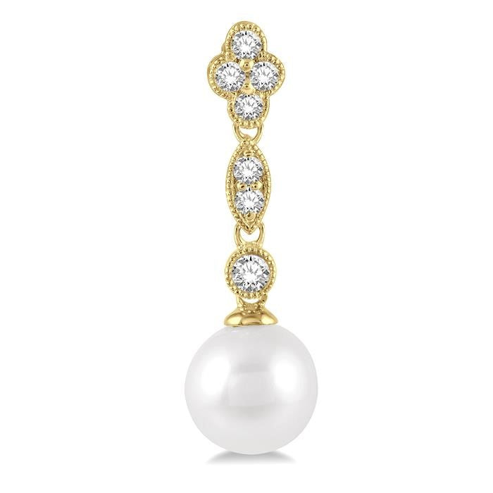 7 MM Cultured Pearls and 1/3 Ctw Round Cut Diamond Drop Earrings in 14K Yellow Gold