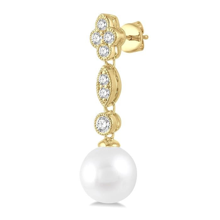 7 MM Cultured Pearls and 1/3 Ctw Round Cut Diamond Drop Earrings in 14K Yellow Gold