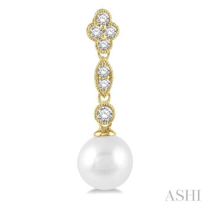 7 MM Cultured Pearls and 1/3 Ctw Round Cut Diamond Drop Earrings in 14K Yellow Gold