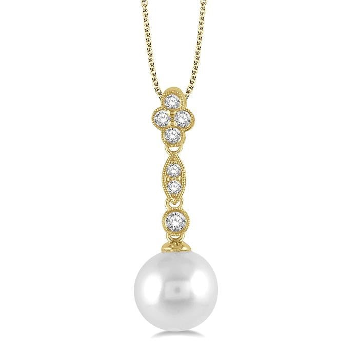 8 MM Cultured Pearl and 1/6 Ctw Floral Dangler Round Cut Diamond Pendant With Chain in 14K Yellow Gold
