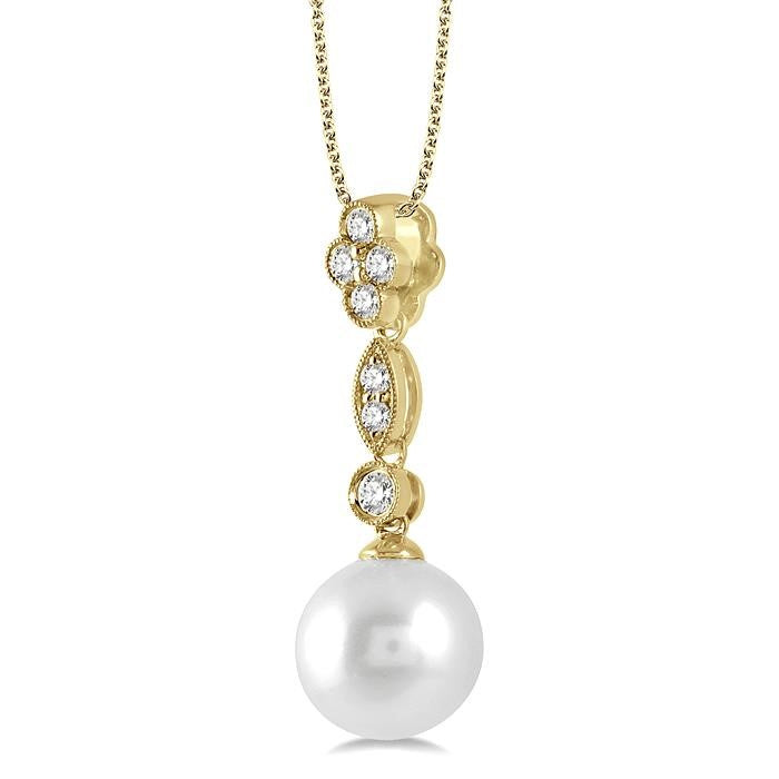 8 MM Cultured Pearl and 1/6 Ctw Floral Dangler Round Cut Diamond Pendant With Chain in 14K Yellow Gold