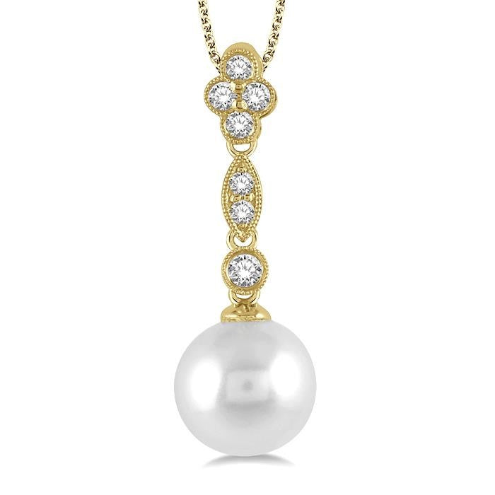 8 MM Cultured Pearl and 1/6 Ctw Floral Dangler Round Cut Diamond Pendant With Chain in 14K Yellow Gold