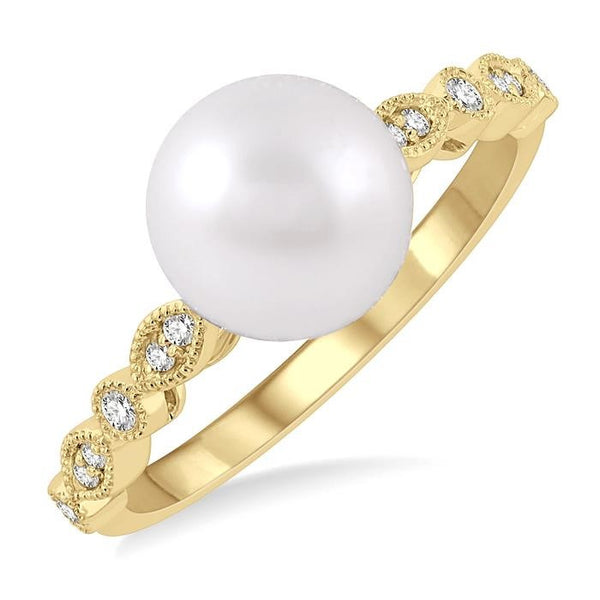 8 MM Cultured Pearl and 1/10 Ctw Round Cut Diamond Ring in 14K Yellow Gold