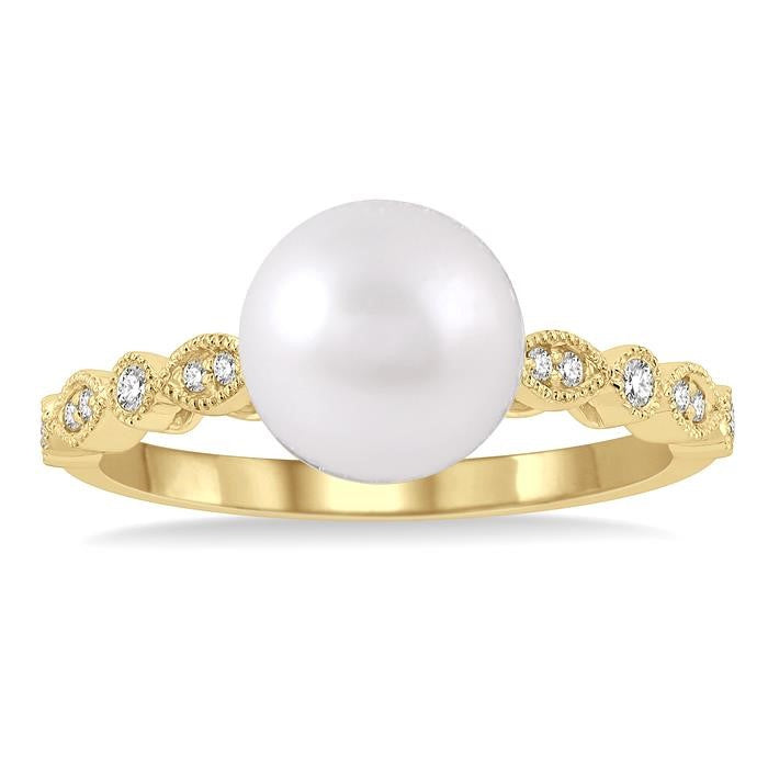 8 MM Cultured Pearl and 1/10 Ctw Round Cut Diamond Ring in 14K Yellow Gold