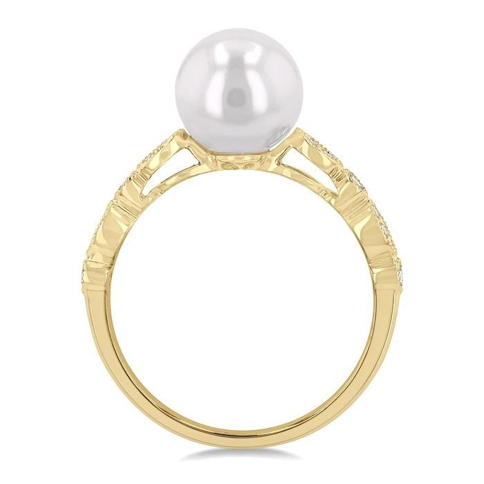 8 MM Cultured Pearl and 1/10 Ctw Round Cut Diamond Ring in 14K Yellow Gold
