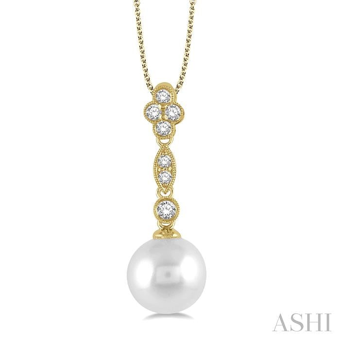 8 MM Cultured Pearl and 1/6 Ctw Floral Dangler Round Cut Diamond Pendant With Chain in 14K Yellow Gold