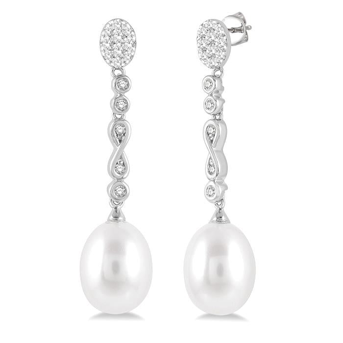11x8.5 MM Cultured Pearls and 1/4 Ctw Round Cut Diamond Drop Hanging Shine Bright Earrings in 14K White Gold