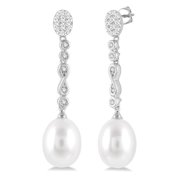 11x8.5 MM Cultured Pearls and 1/4 Ctw Round Cut Diamond Drop Hanging Shine Bright Earrings in 14K White Gold