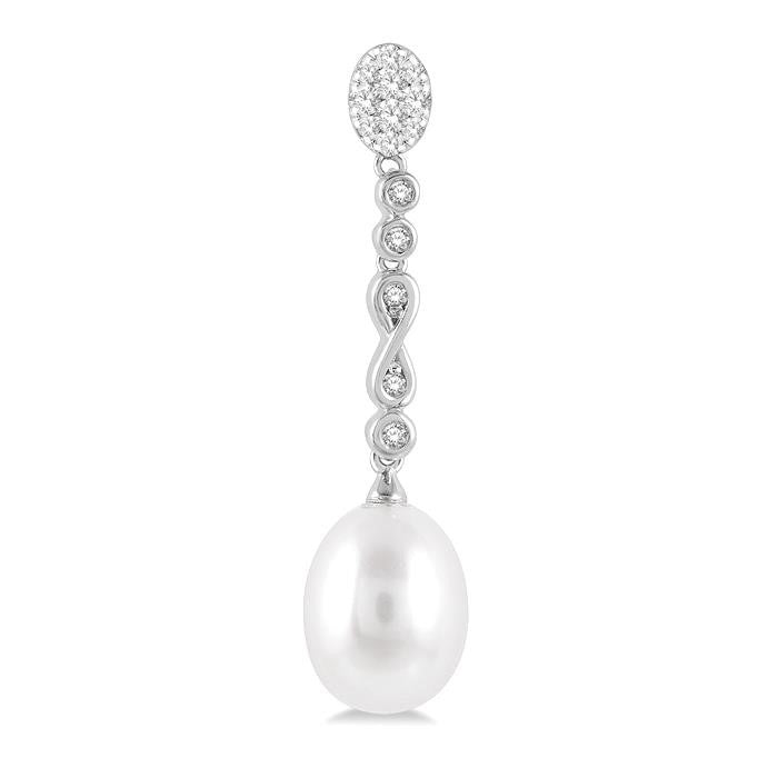 11x8.5 MM Cultured Pearls and 1/4 Ctw Round Cut Diamond Drop Hanging Shine Bright Earrings in 14K White Gold