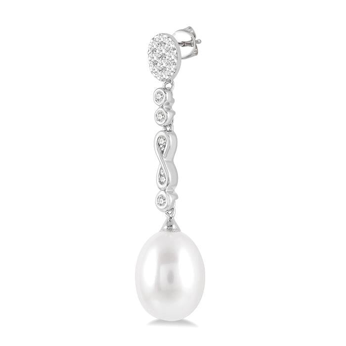 11x8.5 MM Cultured Pearls and 1/4 Ctw Round Cut Diamond Drop Hanging Shine Bright Earrings in 14K White Gold