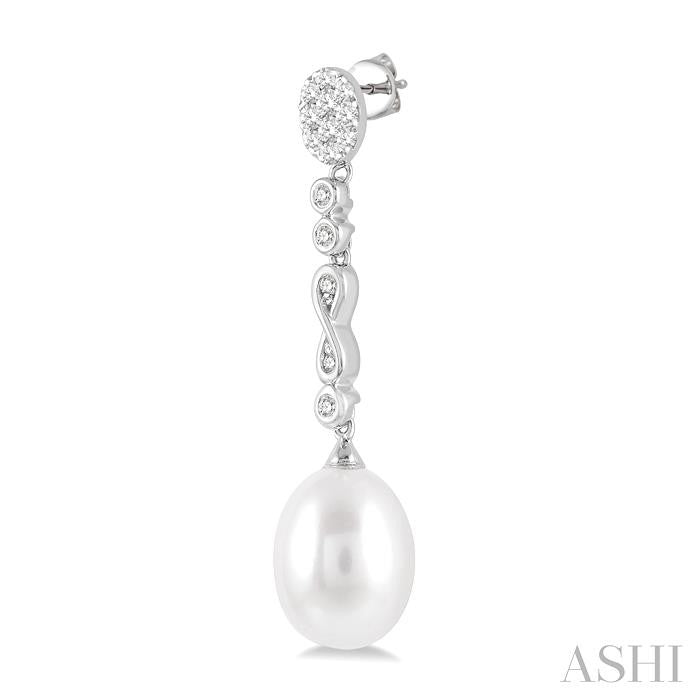 11x8.5 MM Cultured Pearls and 1/4 Ctw Round Cut Diamond Drop Hanging Shine Bright Earrings in 14K White Gold