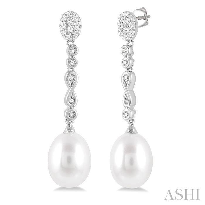 11x8.5 MM Cultured Pearls and 1/4 Ctw Round Cut Diamond Drop Hanging Shine Bright Earrings in 14K White Gold