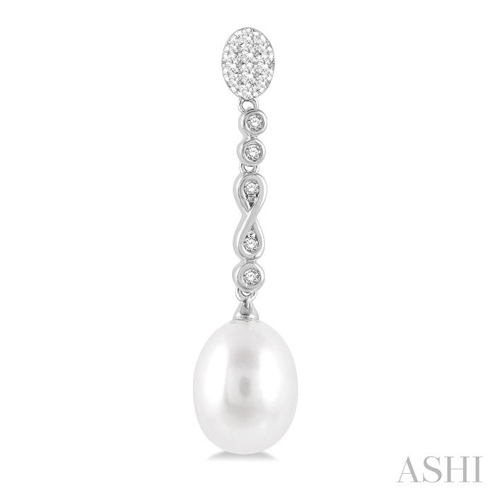 11x8.5 MM Cultured Pearls and 1/4 Ctw Round Cut Diamond Drop Hanging Shine Bright Earrings in 14K White Gold