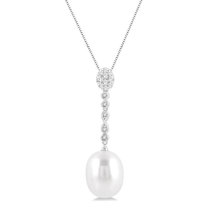 12x10 MM Cultured Pearl and 1/5 Ctw Hanging Round Cut Diamond Drop Shine Bright Pendant With Chain in 14K White Gold