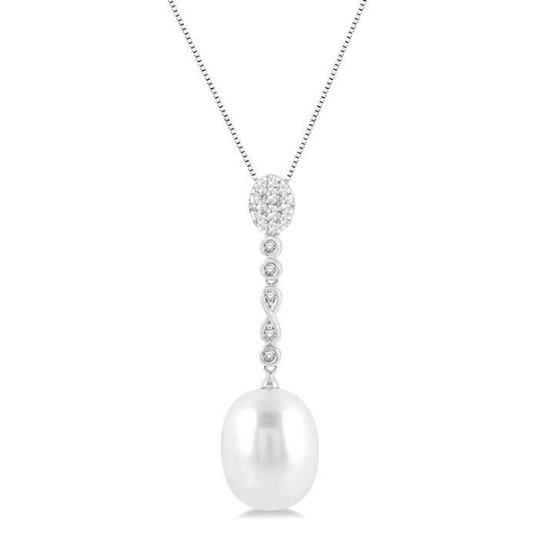12x10 MM Cultured Pearl and 1/5 Ctw Hanging Round Cut Diamond Drop Shine Bright Pendant With Chain in 14K White Gold