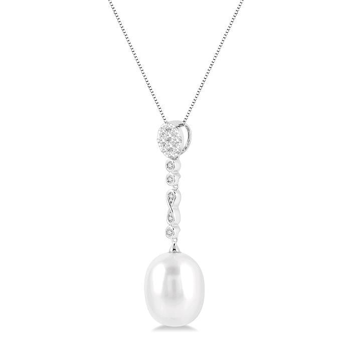 12x10 MM Cultured Pearl and 1/5 Ctw Hanging Round Cut Diamond Drop Shine Bright Pendant With Chain in 14K White Gold