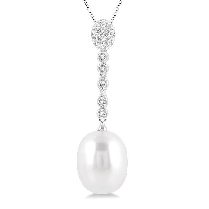12x10 MM Cultured Pearl and 1/5 Ctw Hanging Round Cut Diamond Drop Shine Bright Pendant With Chain in 14K White Gold