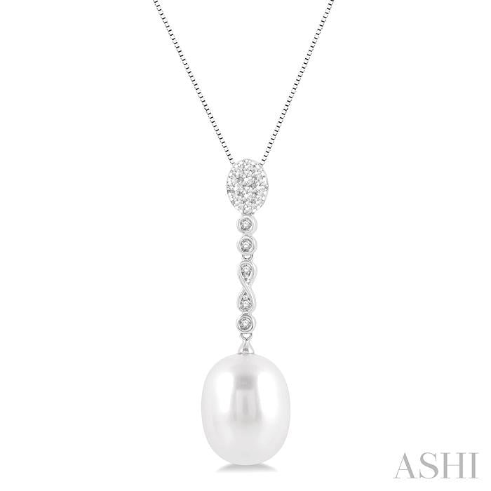 12x10 MM Cultured Pearl and 1/5 Ctw Hanging Round Cut Diamond Drop Shine Bright Pendant With Chain in 14K White Gold