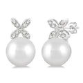 5.5 MM Round Shape Cultured Pearls and 1/20 Ctw Petite 4-Petal Flower Round Cut Diamond Fashion Stud Earrings in 10K White Gold