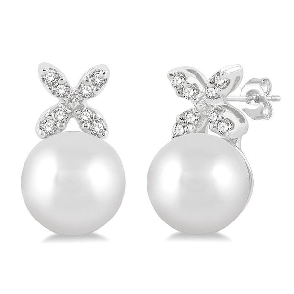 5.5 MM Round Shape Cultured Pearls and 1/20 Ctw Petite 4-Petal Flower Round Cut Diamond Fashion Stud Earrings in 10K White Gold