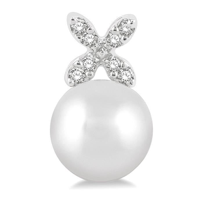 5.5 MM Round Shape Cultured Pearls and 1/20 Ctw Petite 4-Petal Flower Round Cut Diamond Fashion Stud Earrings in 10K White Gold