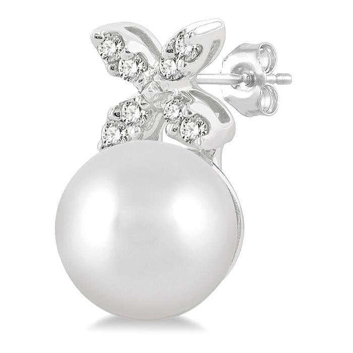 5.5 MM Round Shape Cultured Pearls and 1/20 Ctw Petite 4-Petal Flower Round Cut Diamond Fashion Stud Earrings in 10K White Gold