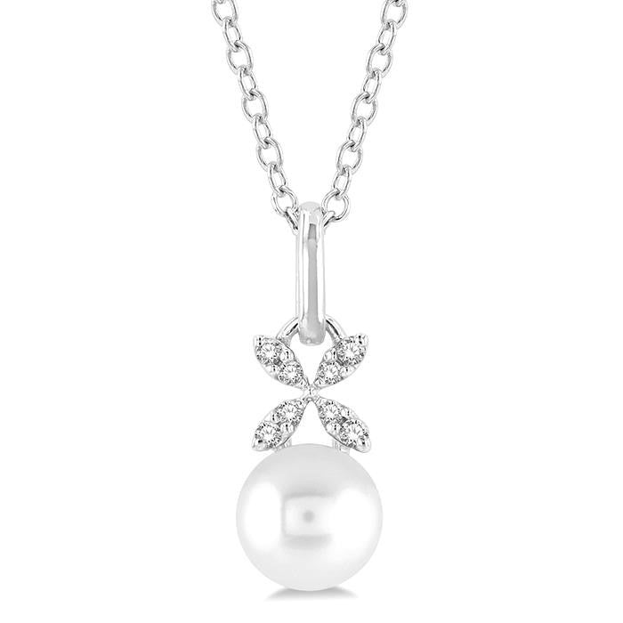 6 MM Round Shape Cultured Pearl and 1/50 Ctw Petite Floral Round Cut Diamond Fashion Pendant With Chain in 10K White Gold