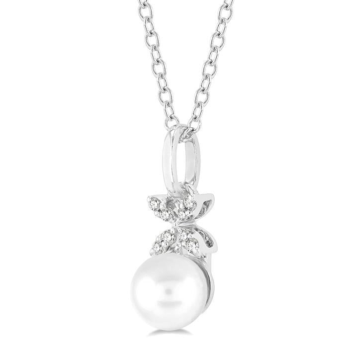 6 MM Round Shape Cultured Pearl and 1/50 Ctw Petite Floral Round Cut Diamond Fashion Pendant With Chain in 10K White Gold