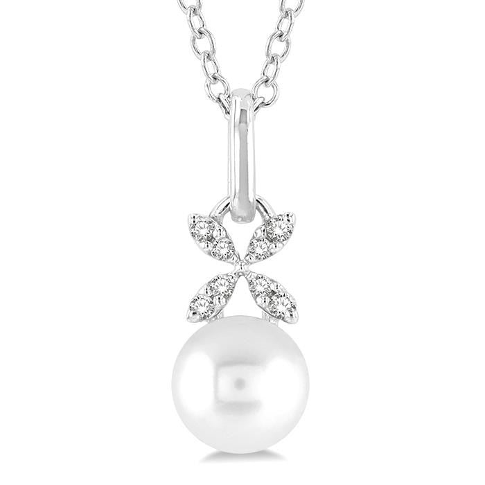6 MM Round Shape Cultured Pearl and 1/50 Ctw Petite Floral Round Cut Diamond Fashion Pendant With Chain in 10K White Gold