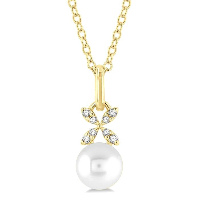 6 MM Round Shape Cultured Pearl and 1/50 Ctw Petite Floral Round Cut Diamond Fashion Pendant With Chain in 10K Yellow Gold