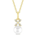6 MM Round Shape Cultured Pearl and 1/50 Ctw Petite Floral Round Cut Diamond Fashion Pendant With Chain in 10K Yellow Gold