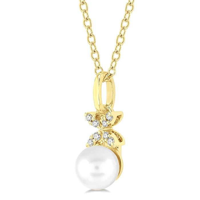 6 MM Round Shape Cultured Pearl and 1/50 Ctw Petite Floral Round Cut Diamond Fashion Pendant With Chain in 10K Yellow Gold