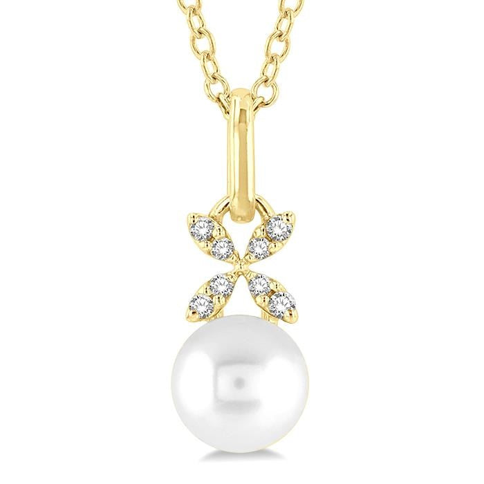 6 MM Round Shape Cultured Pearl and 1/50 Ctw Petite Floral Round Cut Diamond Fashion Pendant With Chain in 10K Yellow Gold