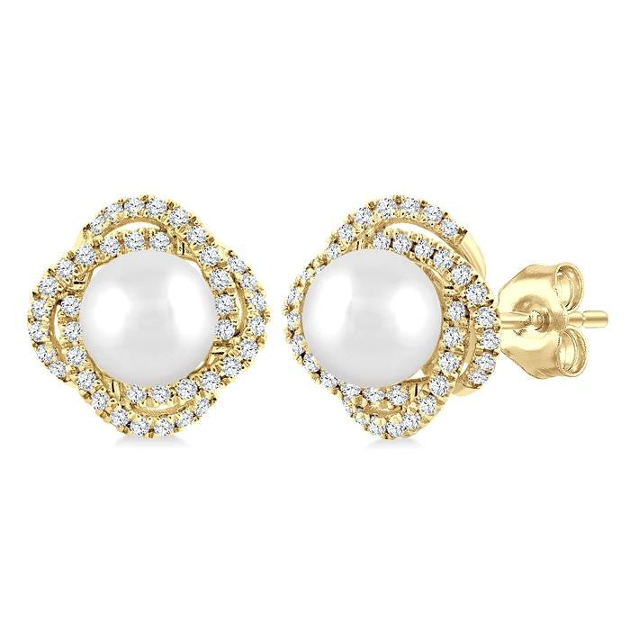 5 MM Cultured Pearl and 1/4 Ctw Round Cut Diamond Petite Fashion Earrings in 10K Yellow Gold