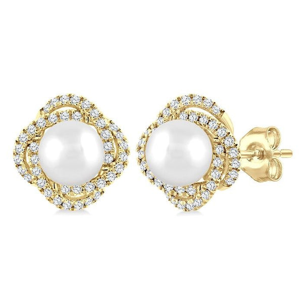 5 MM Cultured Pearl and 1/4 Ctw Round Cut Diamond Petite Fashion Earrings in 10K Yellow Gold