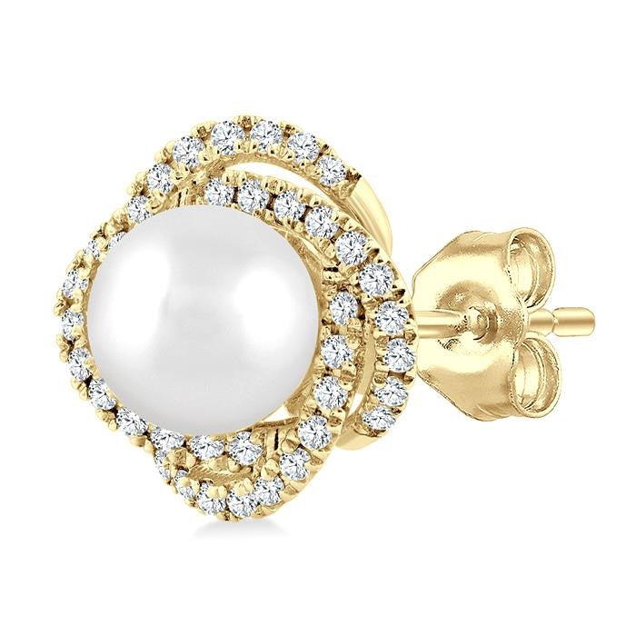 5 MM Cultured Pearl and 1/4 Ctw Round Cut Diamond Petite Fashion Earrings in 10K Yellow Gold
