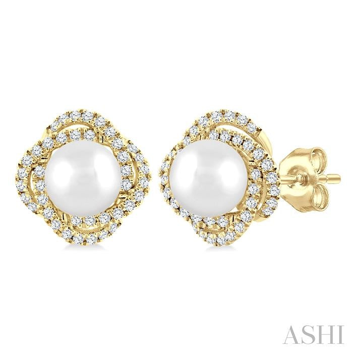5 MM Cultured Pearl and 1/4 Ctw Round Cut Diamond Petite Fashion Earrings in 10K Yellow Gold