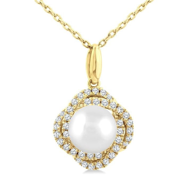 6 MM Cultured Pearl and 1/6 Ctw Round Cut Diamond Petite Fashion Pendant With Chain in 10K Yellow Gold