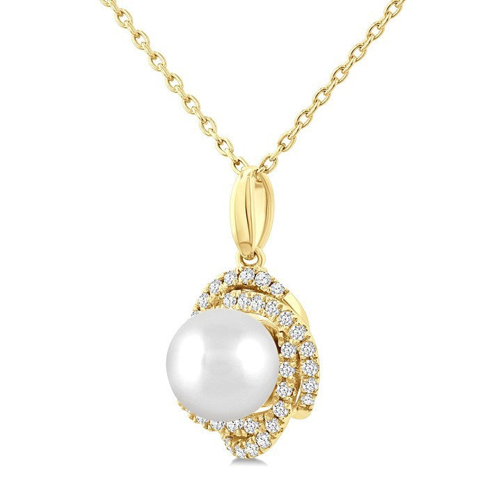 6 MM Cultured Pearl and 1/6 Ctw Round Cut Diamond Petite Fashion Pendant With Chain in 10K Yellow Gold