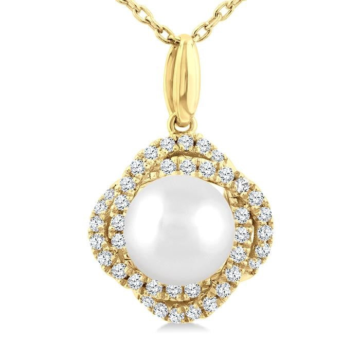 6 MM Cultured Pearl and 1/6 Ctw Round Cut Diamond Petite Fashion Pendant With Chain in 10K Yellow Gold