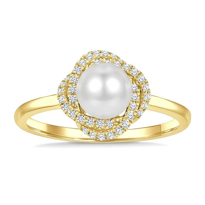 6 MM Cultured Pearl and 1/6 Ctw Round Cut Diamond Petite Fashion Ring in 10K Yellow Gold