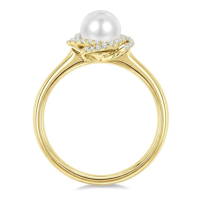 6 MM Cultured Pearl and 1/6 Ctw Round Cut Diamond Petite Fashion Ring in 10K Yellow Gold