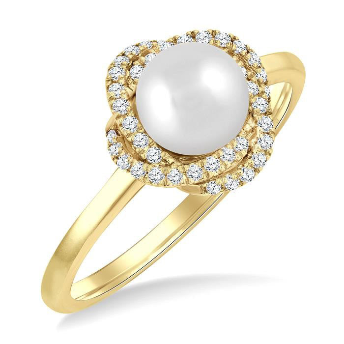 6 MM Cultured Pearl and 1/6 Ctw Round Cut Diamond Petite Fashion Ring in 10K Yellow Gold