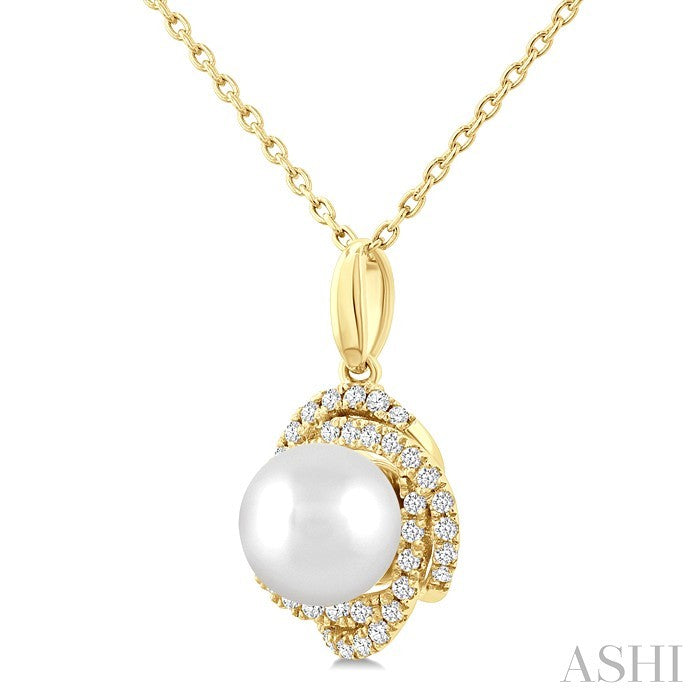 6 MM Cultured Pearl and 1/6 Ctw Round Cut Diamond Petite Fashion Pendant With Chain in 10K Yellow Gold