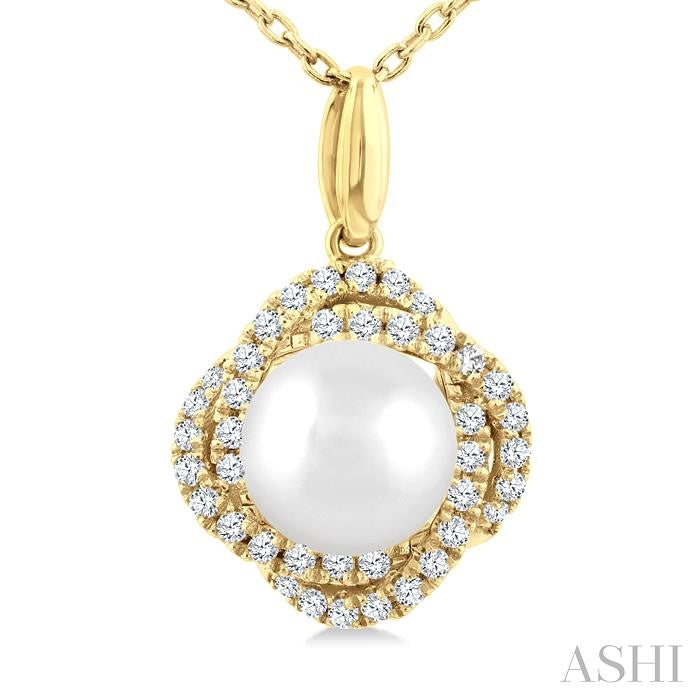 6 MM Cultured Pearl and 1/6 Ctw Round Cut Diamond Petite Fashion Pendant With Chain in 10K Yellow Gold